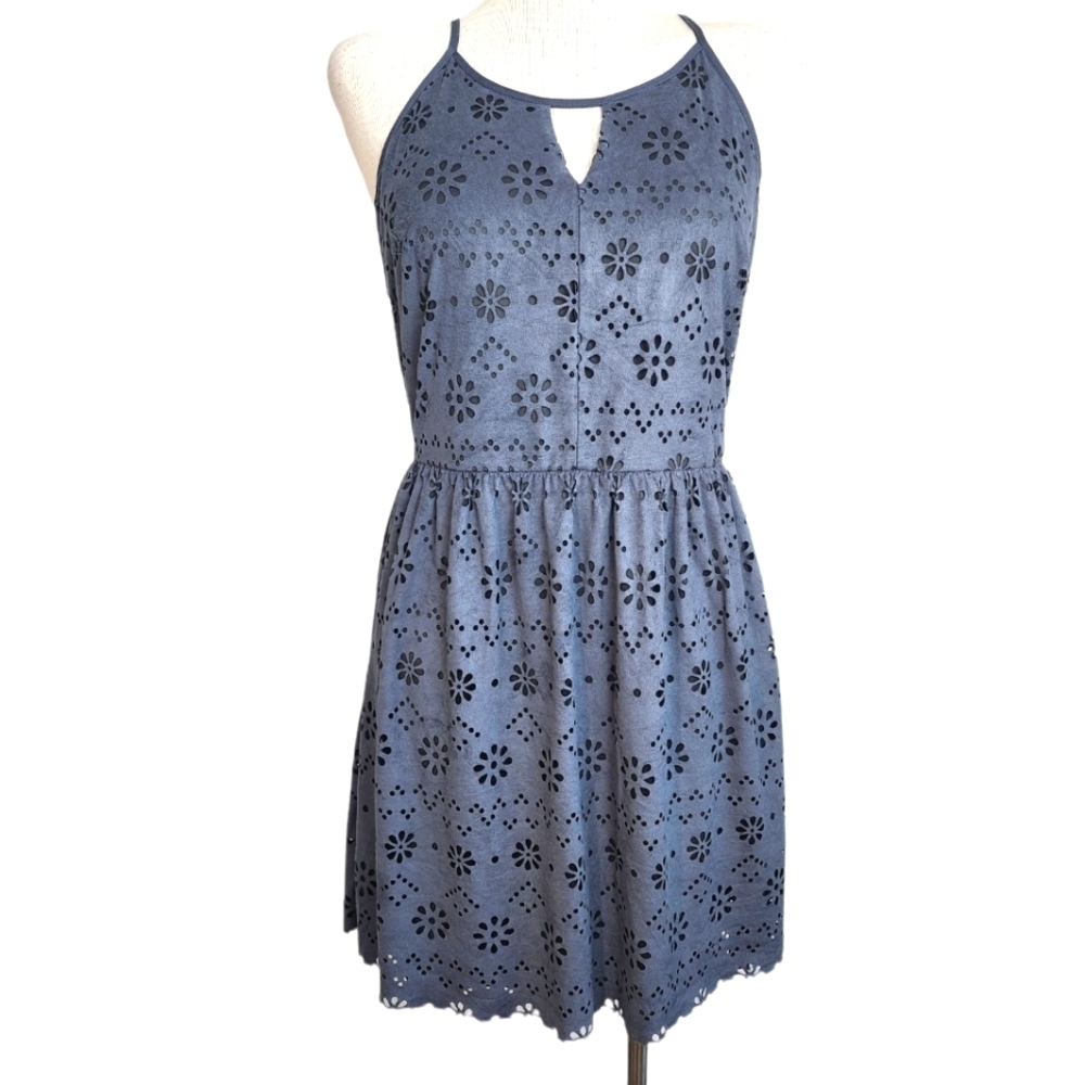 LC Lauren Conrad Blue Laser - Cut Faux Suede Halter Keyhole Women's Dress Size M